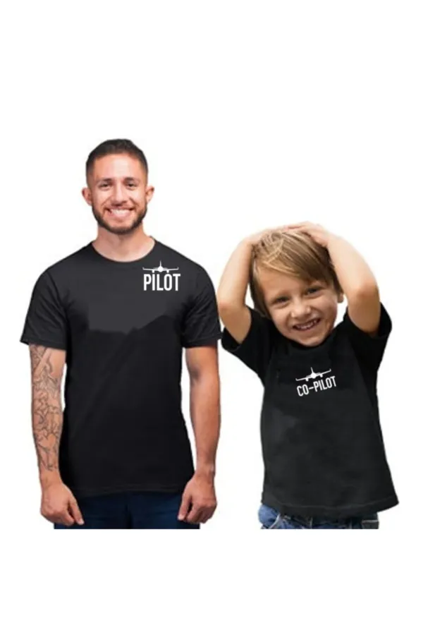 Babalar Gününe Özel Baba Oğul Pamuklu Tişört Kombini Pilot Co-pilot Siyah T-shirt 2 Adet Tshirt