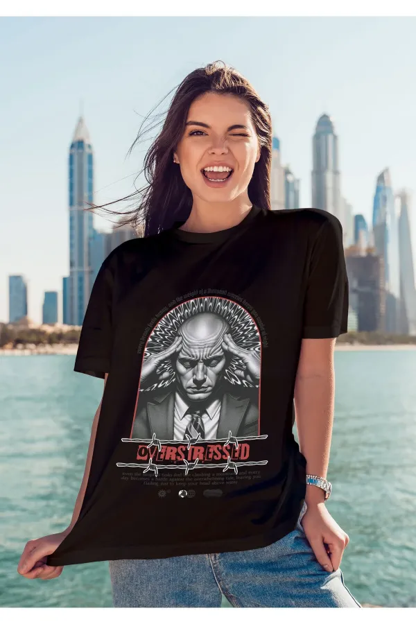 Unisex Erkek/Kadın OVERSTRESSED Renkli Özel Baskılı Oversize Pamuklu Bisiklet Yaka T-Shirt Tişört
