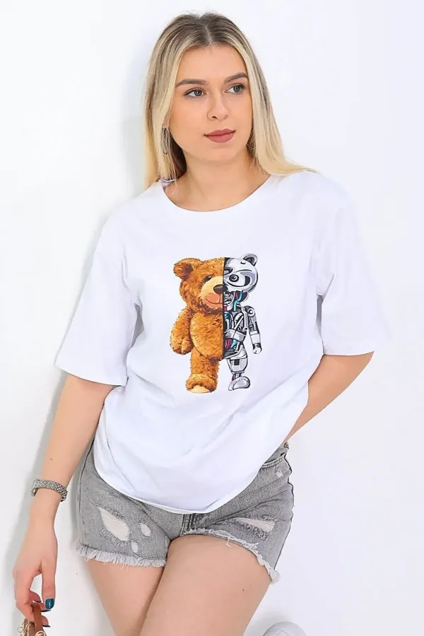 Griland Oversize Unisex Beyaz Bear Robotic Tişört