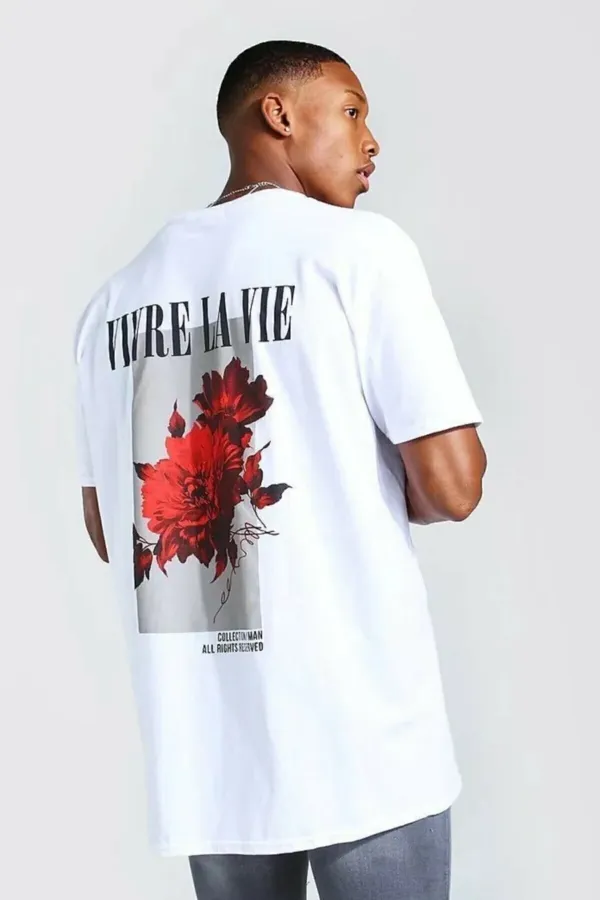 Erkek Beyaz Vivre La Vıe Çiçek Desen Sırt Baskılı Oversize Tshirt