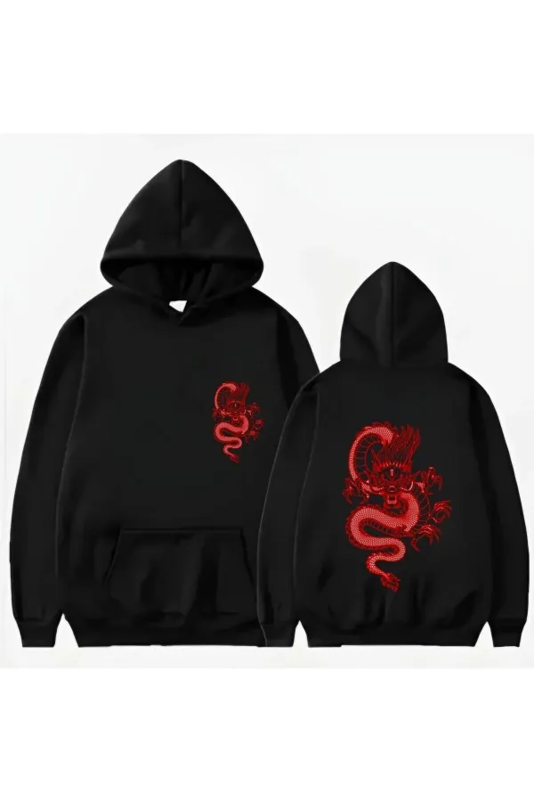 Siyah Ejder Baskılı Kapüşonlu Sweat