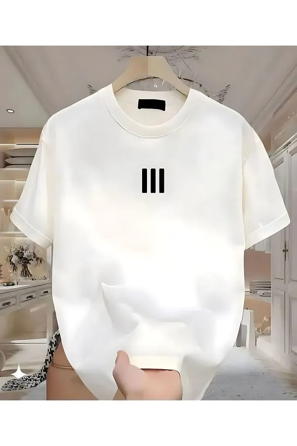 3 Çizgi Baskılı Beyaz Erkek Tshirt