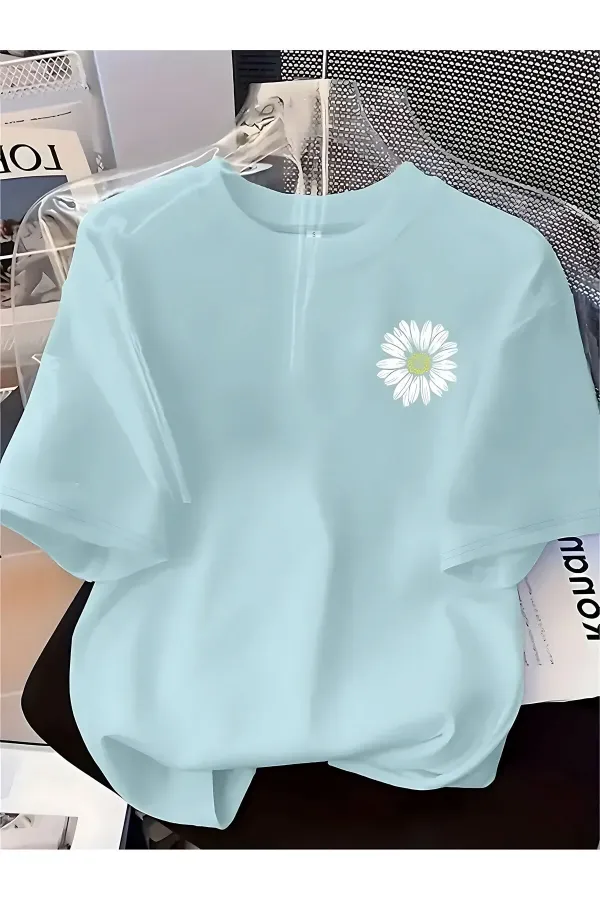 Unisex Papatya Desenli Baskılı Oversize Tişört