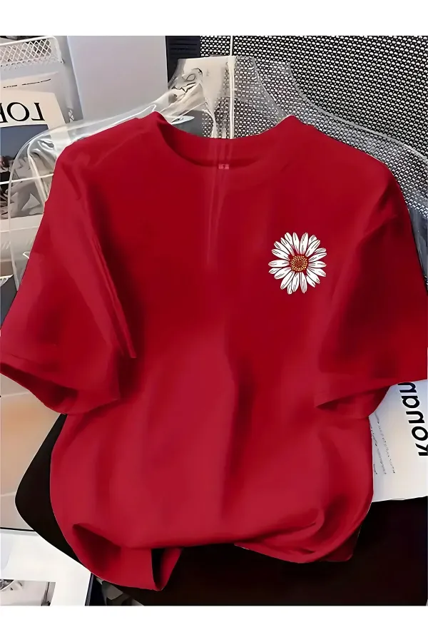 Unisex Papatya Desenli Baskılı Oversize Tişört