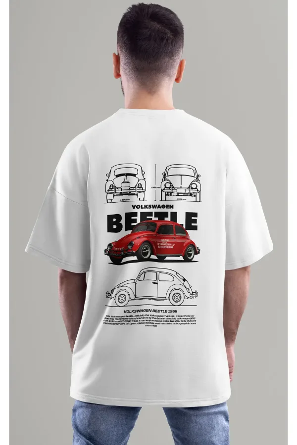 Unisex Erkek/Kadın BEETLE Renkli Özel Baskılı Oversize Pamuklu Bisiklet Yaka T-Shirt Tişört