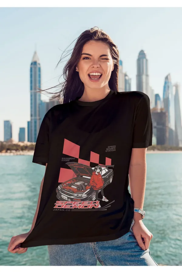 Unisex Erkek/Kadın SPEED DEMON Renkli Özel Baskılı Oversize Pamuklu Bisiklet Yaka T-Shirt Tişört