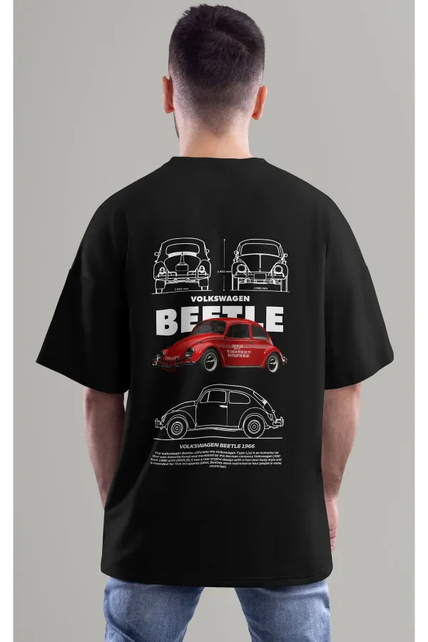 Unisex Erkek/Kadın BEETLE Renkli Özel Baskılı Oversize Pamuklu Bisiklet Yaka T-Shirt Tişört