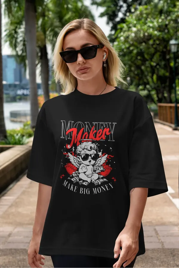 Unisex Kadın/Erkek MONEY MAKER Renkli Özel Baskılı Oversize Pamuk Penye T-Shirt