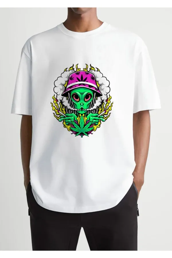 Oversized Alien Printed White T-shirt