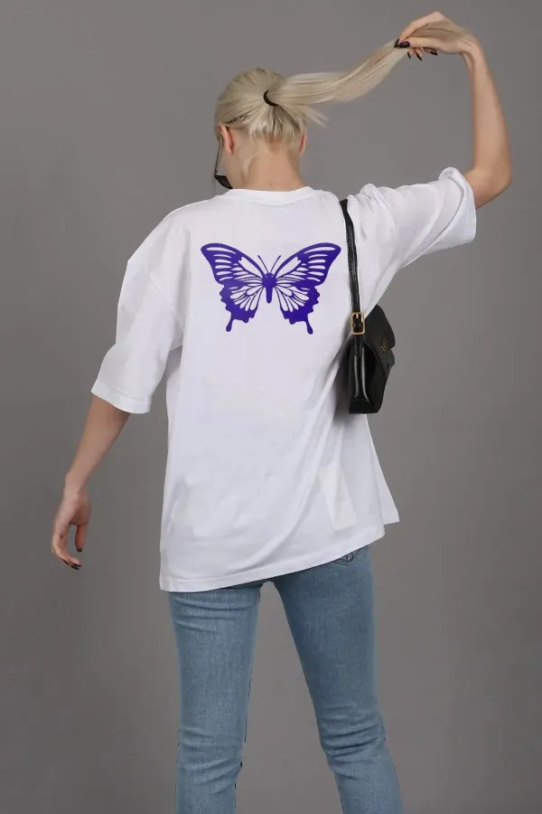 Unisex Rahat Kesim Mor Kelebek Oversize T-shirt