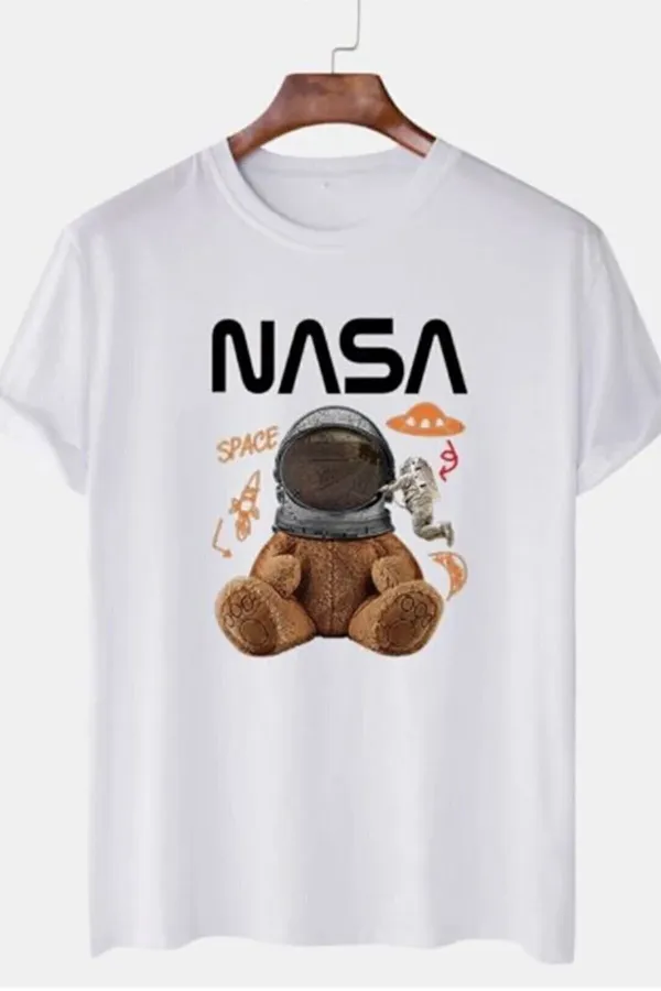 Unisex Beyaz Nasa Ayıcık Baskılı Oversize T-shirt Unisex Beyaz Nasa Ayıcık Baskılı Oversize T-shirt