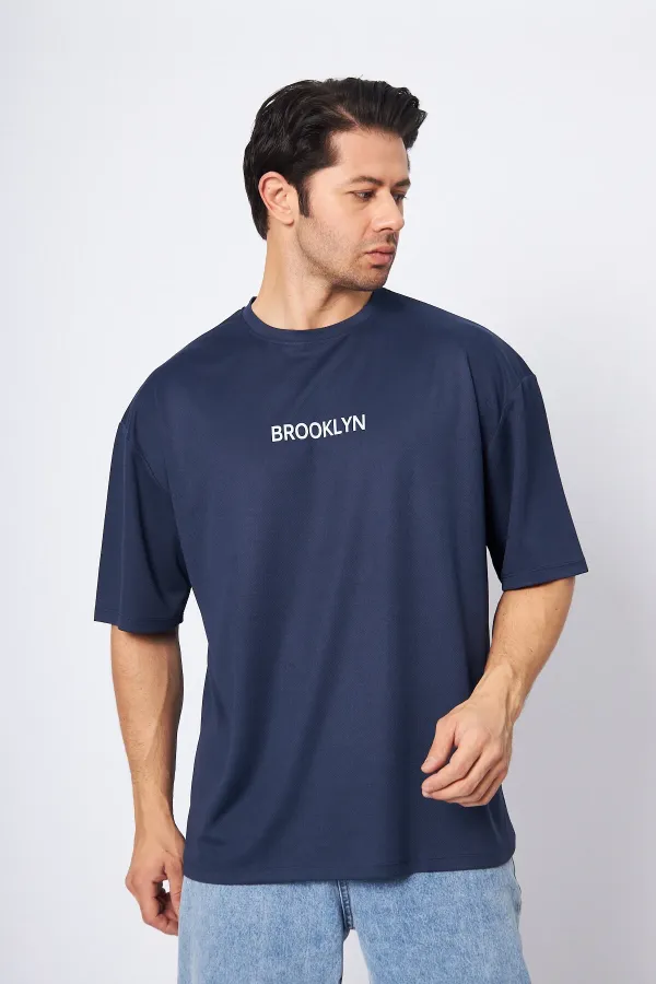 Sports T-shirt Men's Navy Blue Color Brooklyn Printed Round Neck Fabric