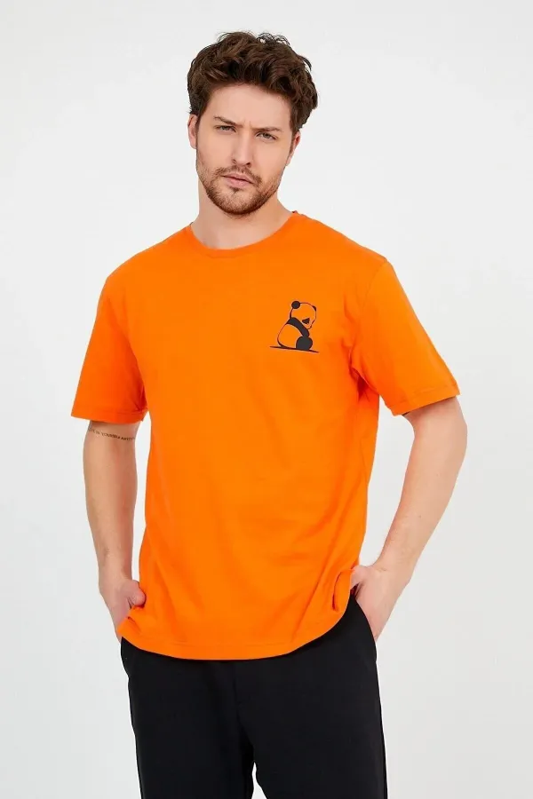 Unisex Orange Panda Printed Loose Cut Oversized Cotton T-shirt
