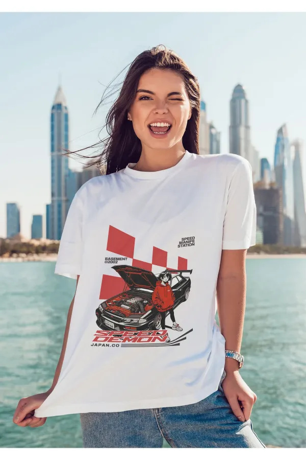 Unisex Erkek/Kadın SPEED DEMON Renkli Özel Baskılı Oversize Pamuklu Bisiklet Yaka T-Shirt Tişört