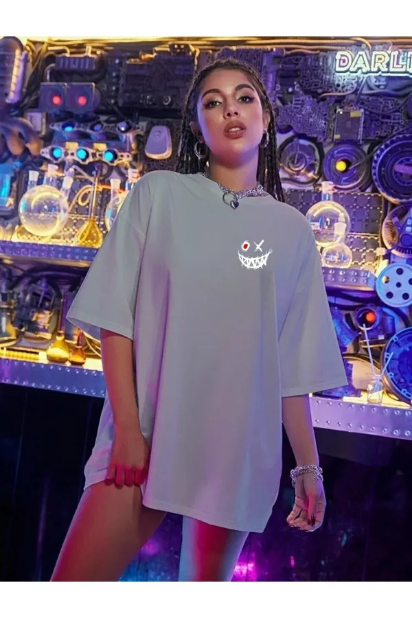 XO Smile Printed Gray Combed Cotton Oversize T-shirt