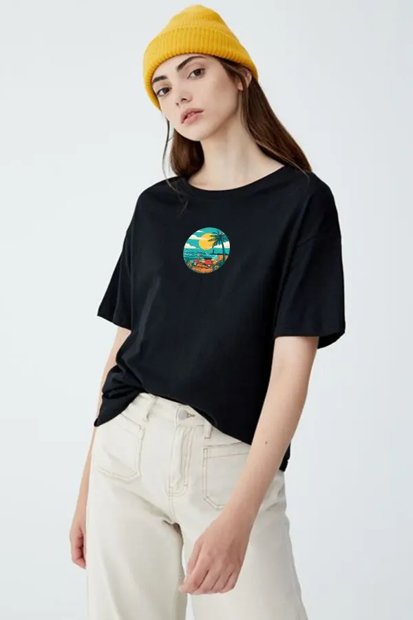 Kadın Siyah Önü Scooter Baskılı Bisiklet Yaka Oversize Pamuklu T-shirt