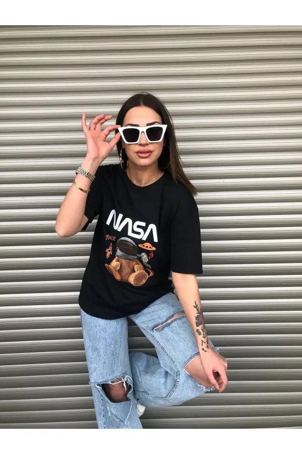 Oversized NASA Teddy Bear Printed Unisex Black T-shirt
