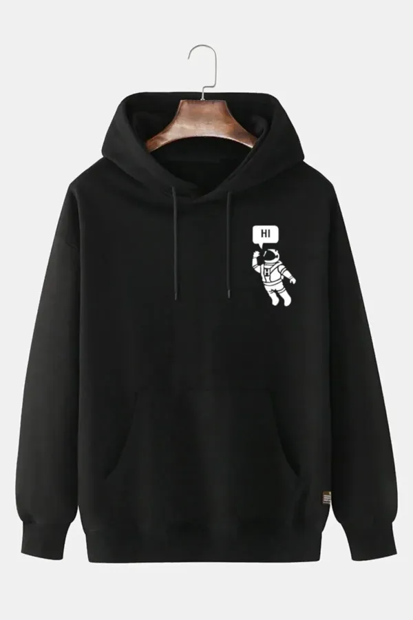 Unisex Deep Siyah Kapşonlu Hi Astronot Baskılı Slim Fit Sweatshirt