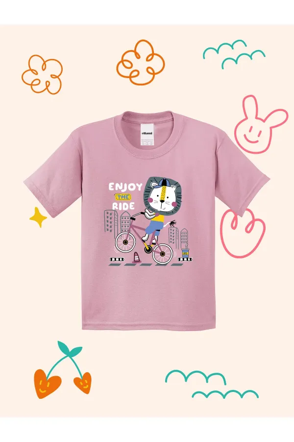 Kids' T-shirt with Lion Cyclist Print