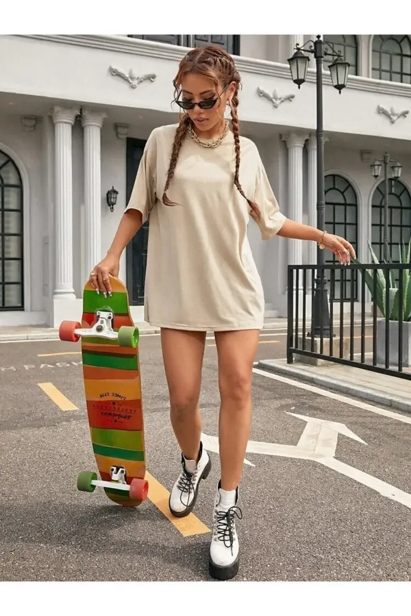 Unisex Beige Crew Neck Cotton Oversize Boyfriend T-shirt