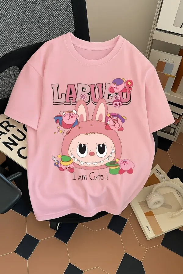 Unisex Erkek/Kadın Labubu Im Cute Renkli Baskılı Oversize Pamuklu T-Shirt