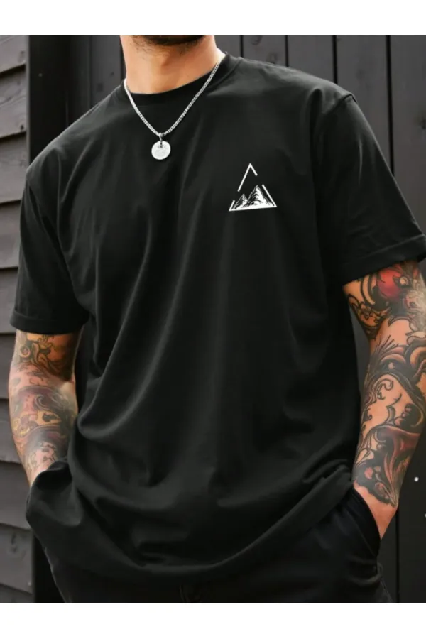 Unisex Triangle Mountain Chest Design Oversize Combed Cotton T-shirt