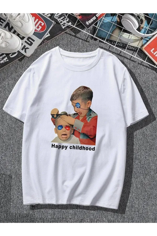 Unisex White Oversize Happy Childhood Printed T-shirt