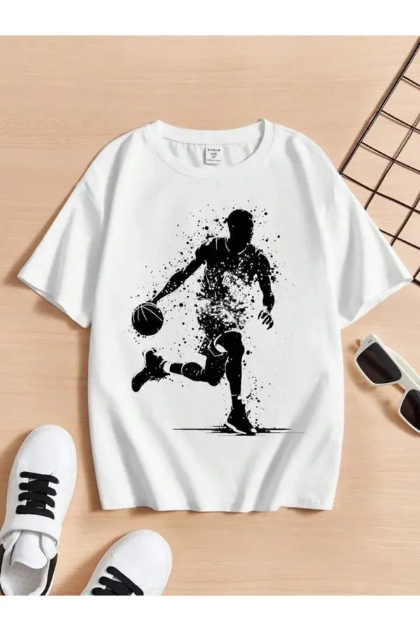 T-shirt enfant blanc imprimé joueur de basket-ball