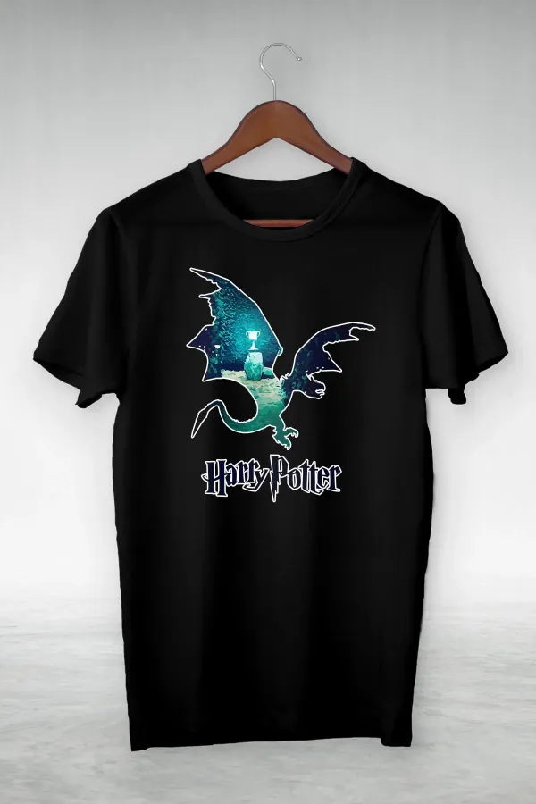 Unisex Siyah Harry Potter Ejderha Illustrasyon T-Shirt