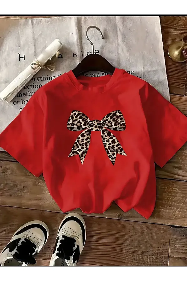 BASIC T-SHIRT WITH LEOPARD PATTERNED RIBBON DETAILS