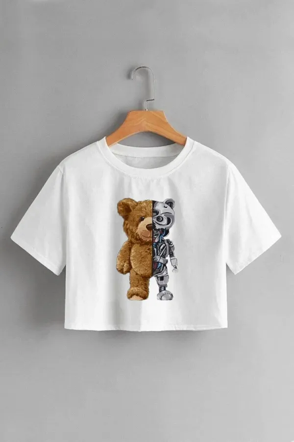 T-shirt court blanc surdimensionné à imprimé robotique ours pour femme Griland
