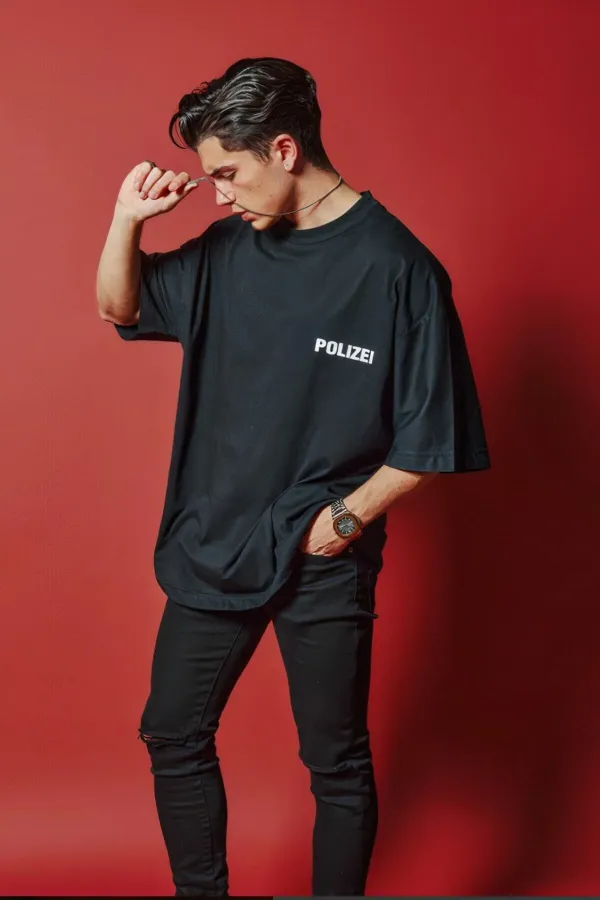 Men's Black Color Oversize Polizei Printed T-shirt