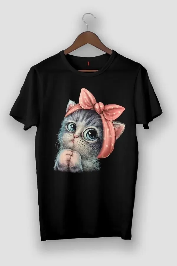 On The Life Unisex Oversize Cute Little Cat Printed Black T-shirt