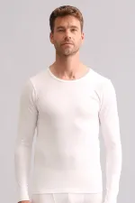 Sous-vêtement/sweat-shirt thermique en bambou égyptien à manches longues et col rond, écru