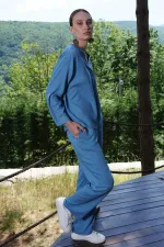 Mısırlı Kadın Viskon V Yaka Uzun Kollu Takım Petrol Mavisi