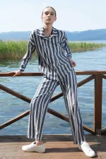 Mısırlı Kadın Viskon Çizgi Desenli Gömlek Takım İndigo