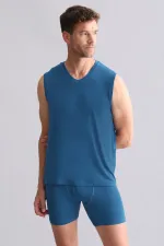 Débardeur/T-shirt de sport à col en V, coupe classique, en bambou égyptien ZEUS, bleu pétrole