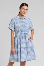 Kadın Pamuk Ekoseli Düğmeli Elbise Açık Mavi