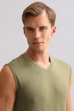 Débardeur/T-shirt de sport ZEUS LUXURY en coton biologique égyptien, coupe classique, col en V, couleur kaki olive