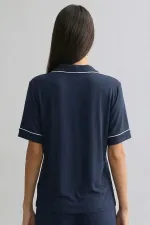 Haut de pyjama à manches courtes en bambou pour femme, bleu marine, de style égyptien