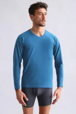 Mısırlı Modal By TENCEL HERCULES Slim Fit V Yaka Uzun Kollu Fanila / T-Shirt Petrol Mavisi