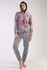 Mısırlı Kadın Polar Yılbaşı Temalı Kapüşonlu Pijama Takımı Gri