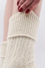 Mısırlı Kadın Koyun Yünü Tekli Kıvrık Soket Çorap Ekru