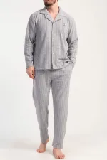 Ensemble pyjama pour homme, chemise à manches longues rayée en maille interlock égyptienne, gris clair