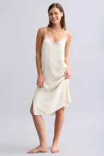Kadın Dantel Detaylı Saten Gecelik Ekru