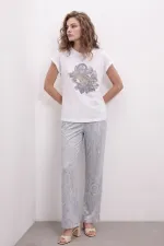 Mısırlı Kadın Pamuk Kısa Kol Pijama Takım Beyaz/Gri