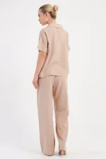 Mısırlı Kadın Pamuklu Dokuma Kısa Kollu Takım Bej
