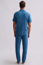 Chemise égyptienne pour homme en modal à manches courtes, bleu marine foncé