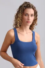 Mısırlı Modal By TENCEL U HELEN Kalın Askılı Crop / T-Shirt Gece Mavisi