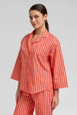 Kadın Pamuklu Poplin Çizgili Gömlek Turuncu-Pembe